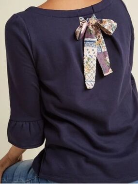 ModCloth Navy Bell Sleeve Top | XXS Tie Back Knit Blouse